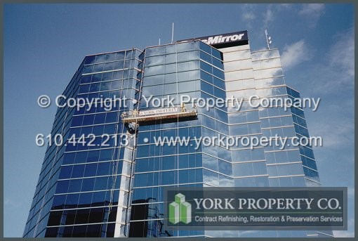Painted aluminum curtain wall mullion cleaning, refinishing and restoration.