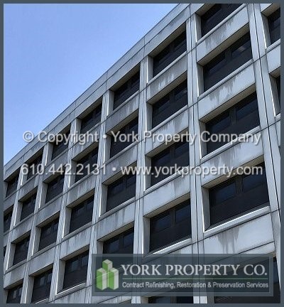 Color faded painted aluminum clad building facade panel restoration, oxidized anodized aluminum curtain wall window frame cleaning, stainless steel rust removal, old and degraded metal building facade refinishing, pitted anodized aluminum window frame restoration and refurbishing oxidized metal clad panels.